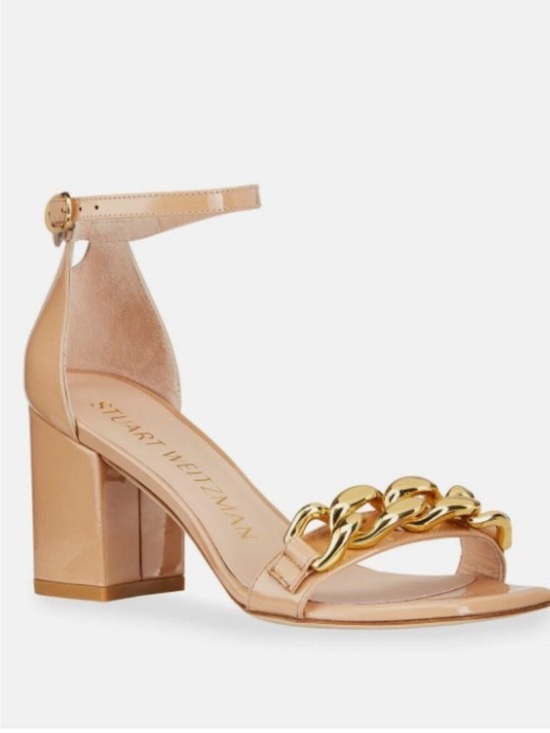 Stuart Weitzman Shoes - Stuart Weitzman Nude tan Gold Amelina chunky chain Block Heels Sandals size 10